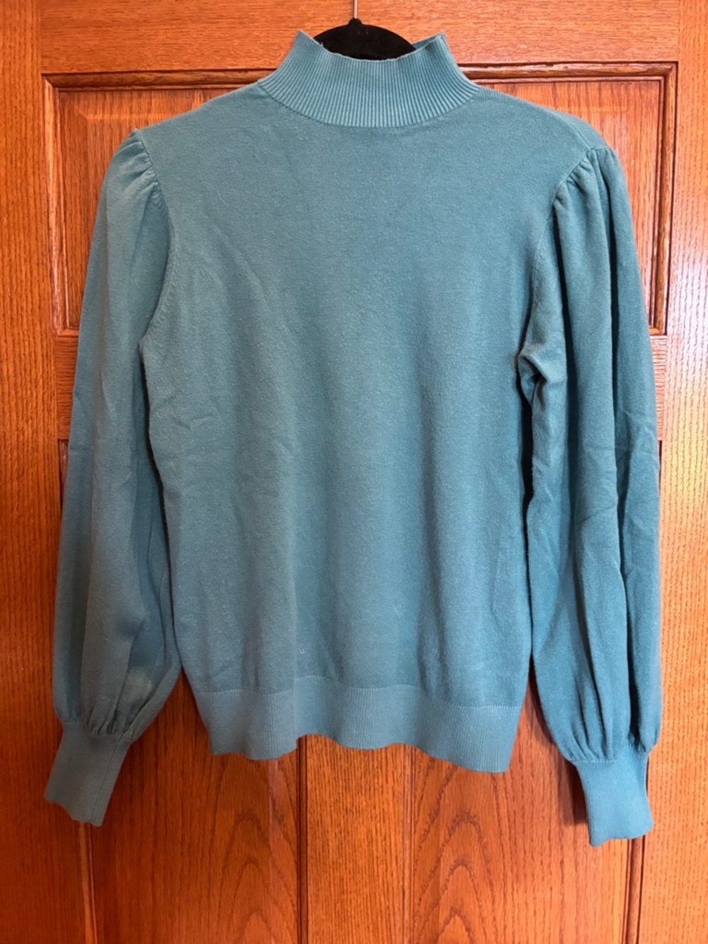 Classic Teal Mock Neck Sweater with Puff Sleeves